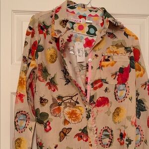 Tizzie Floral Button-Up Shirt - Beige with Multi-Color Floral Print